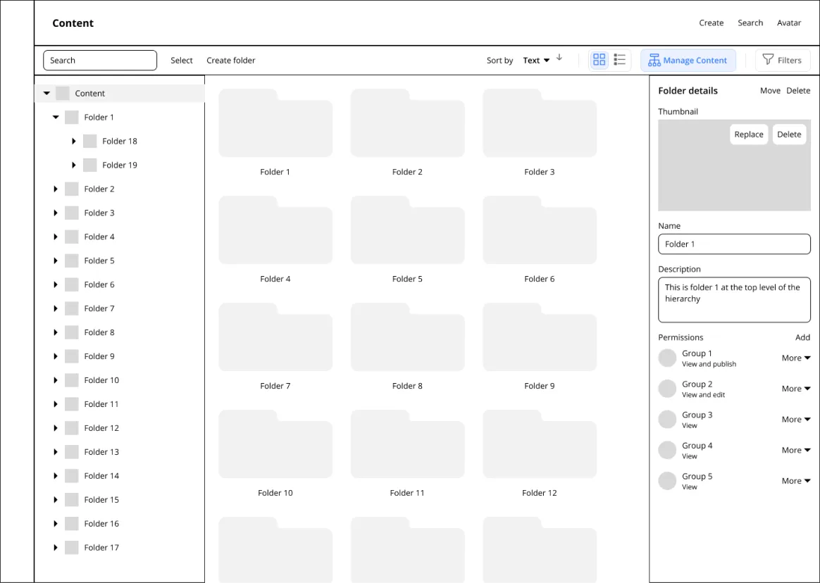 Content managers get a dedicated Manage Content view, with files placed at any level of the hierarchy