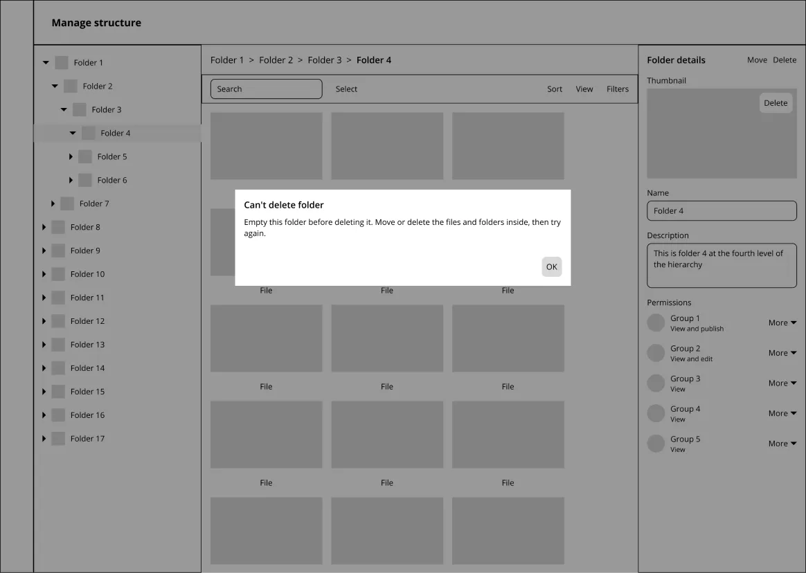 A folder can’t be deleted when it is empty, but there is no way to manage the contents of the folder in Manage Structure