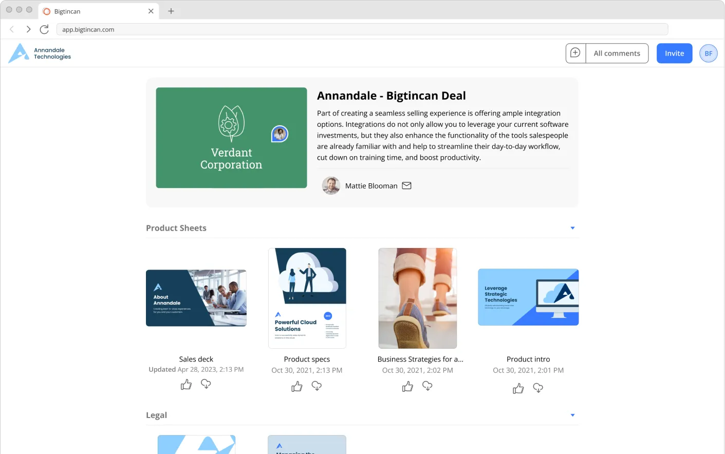 A screenshot showing the Digital Sales Room landing page with a persistent sidebar